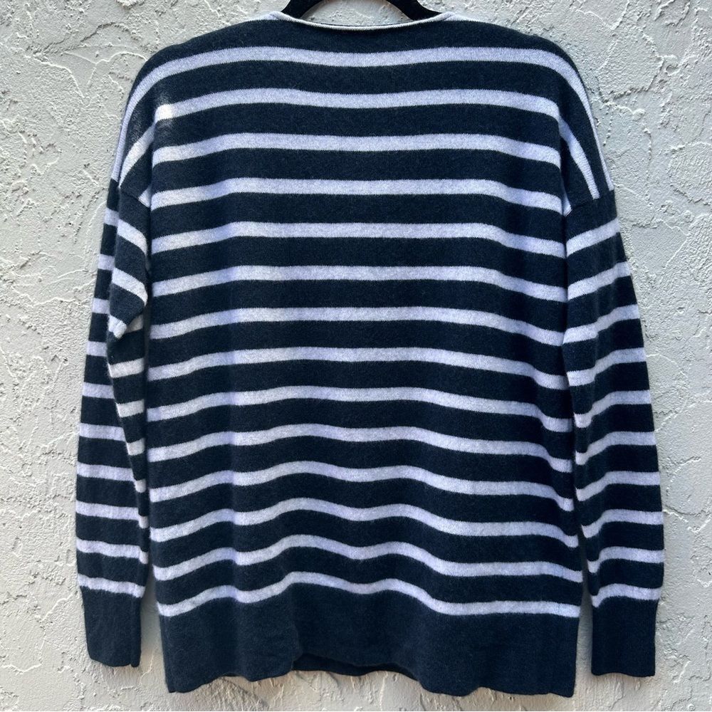 AQUA CASHMERE Sweater Women Large Henley Lace Up Stripe Nautical‎ Navy - Picture 4 of 5